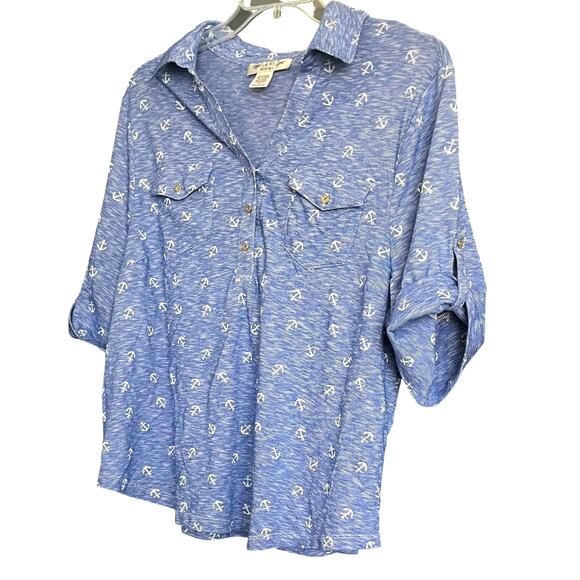 REBECCA MALONE SHORT SLV POINTED COLLAR V-NECK TOP, WOMENS, 1X, BLUE, ANCHORS - Picture 5 of 12